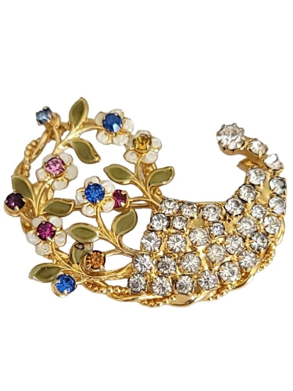 Weiss Gold Tone Flower Clear Rhinestone Enamel Cornucopia Brooch Pin, K380